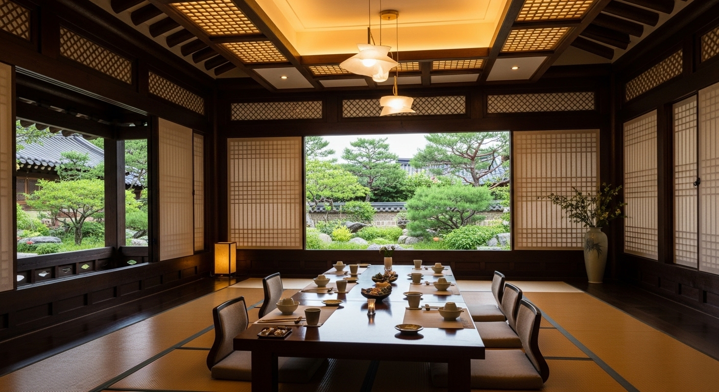 삼청각의 전통 한옥 양식 프라이빗 다이닝 룸 내부. 아늑하고 고급스러운 분위기 속에서 창밖으로 정원이 보입니다.