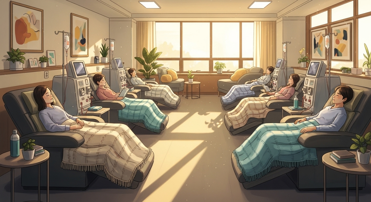 넓은 창가 환자들이 편안하게 투석 치료를 받고 있는 쾌적한 인공신장실 세미리얼 일러스트
