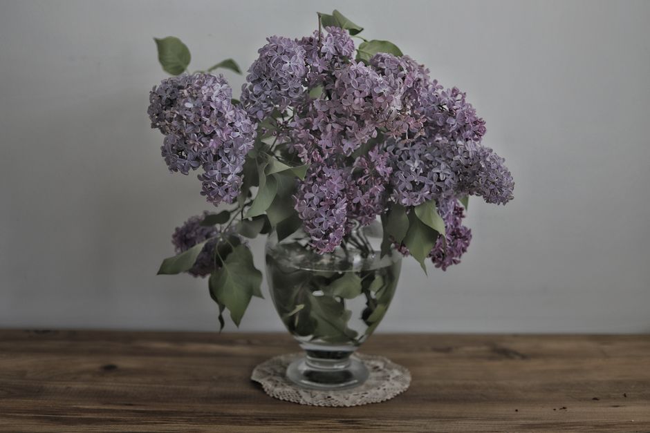 Beautiful lilac flowers arranged in a glass vase on a wooden table indoors.