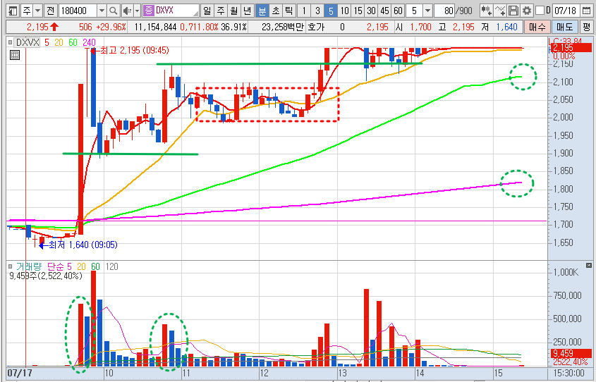 DXVX 주가 5분봉 차트 분석