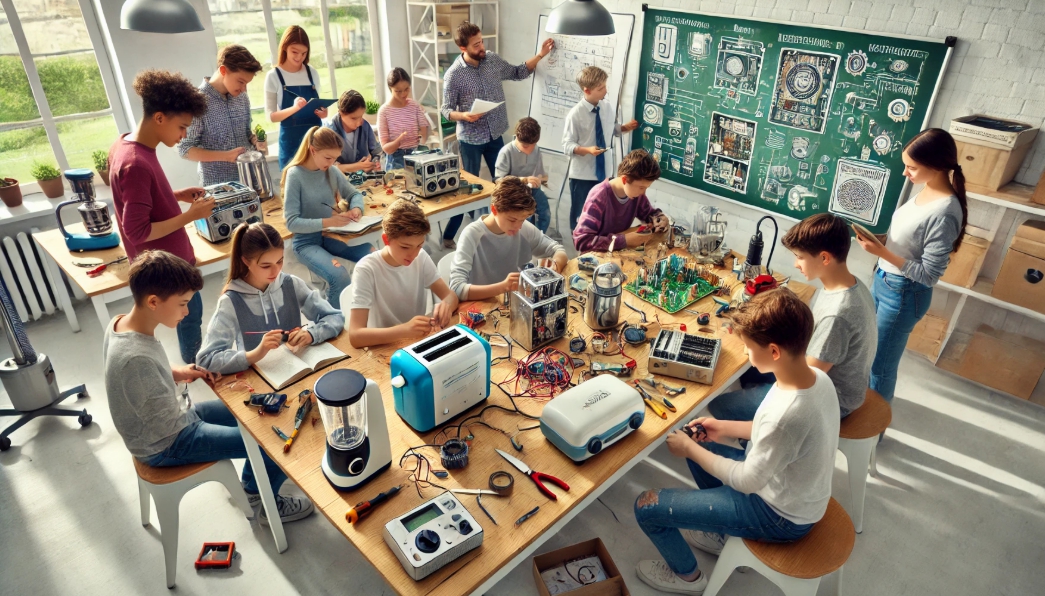 학생들이 가전제품의 원리를 분석하며 학습하는 모습