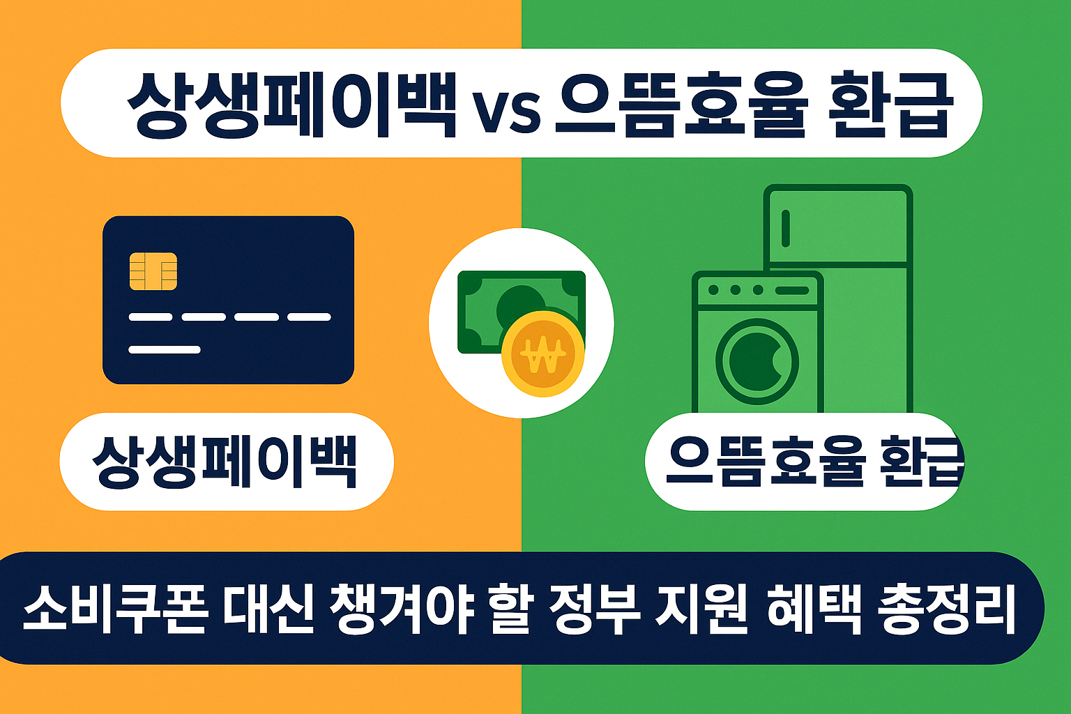"상생페이백 vs 으뜸효율 환급, 소비쿠폰 대신 챙겨야 할 정부 지원 혜택을 안내하는 인포그래픽"