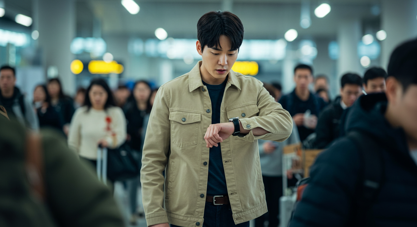 공항에서 시계를 보며 시간에 쫓기는 듯한 표정을 짓는 남성