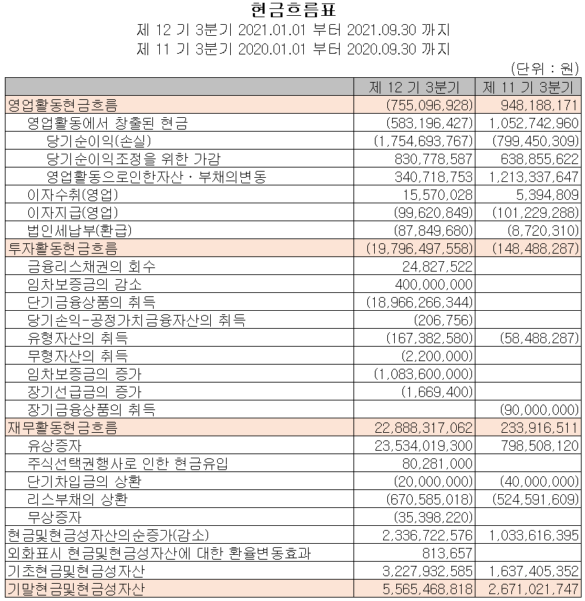 씨이랩 2021년 3분기 현금흐름표