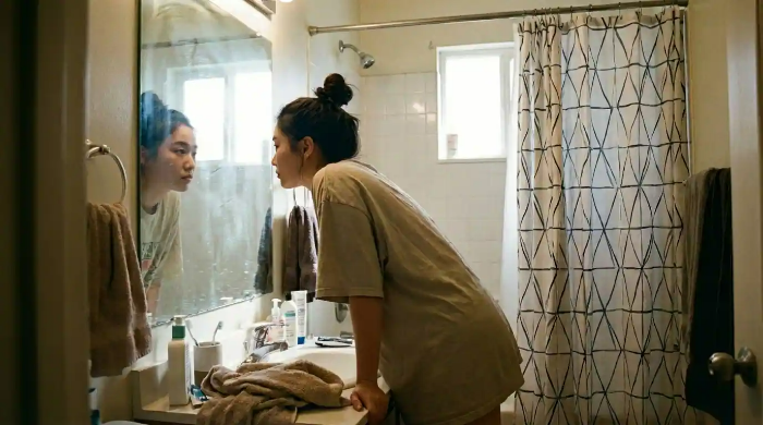 등교 전 화장실에서 거울을 보며 샤워를 준비 중인 학생.