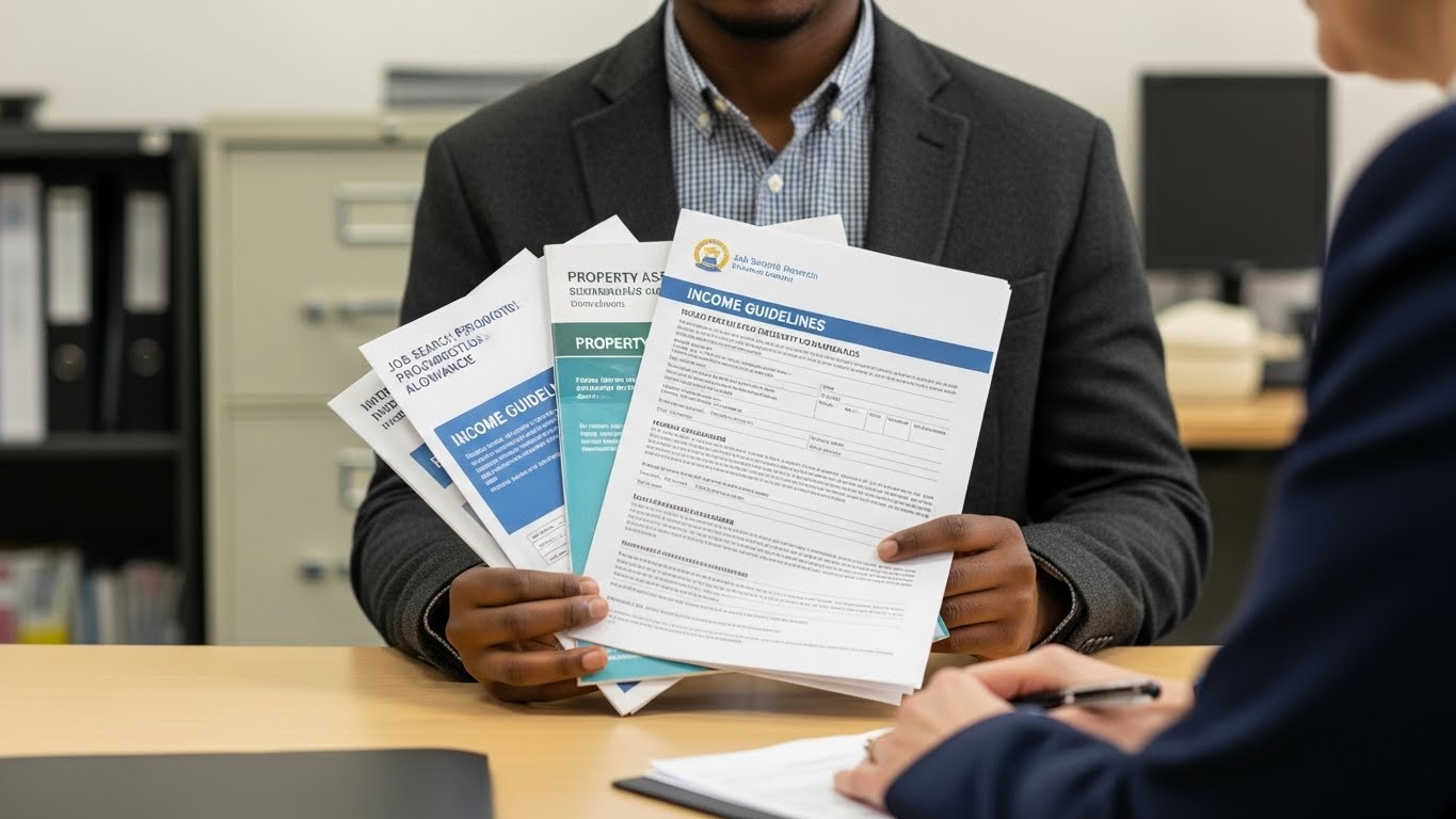 구직촉진수당을 받고 있는 사람의 모습과 재산 소득 기준 관련 서류 이미지