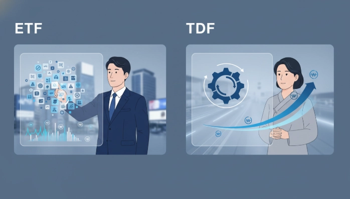 IRP 계좌에서 ETF와 TDF의 투자 방식 및 자산 배분 특징을 시각적으로 비교하는 인포그래픽