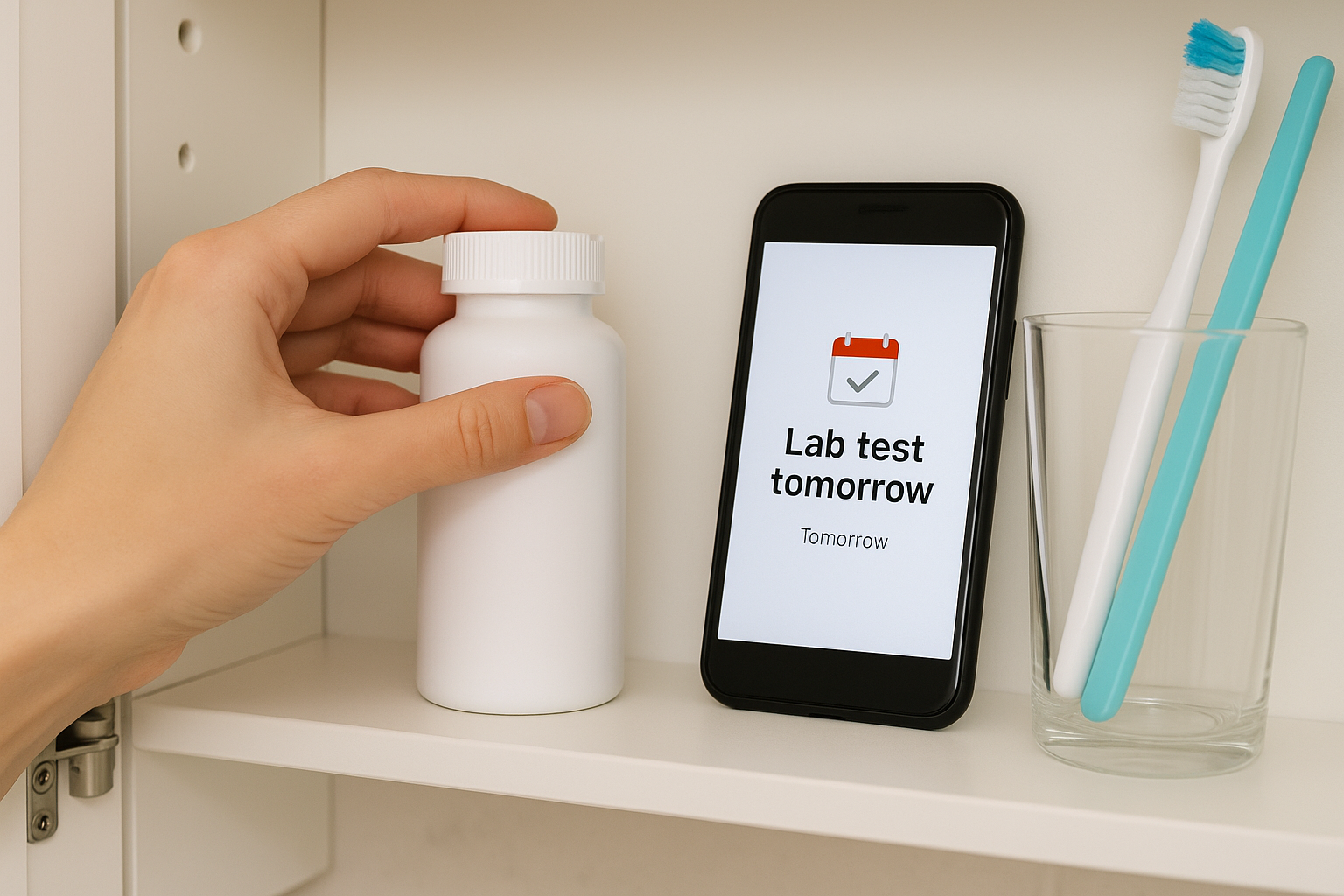 병원 검사 하루 전 스마트폰 알림과 함께 비오틴 보틀을 선반 안쪽에 치우는 모습