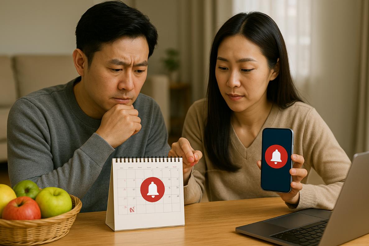 달력과 스마트폰 알림을 보며 농식품 바우처 신청 일정을 확인하는 30~40대 부부의 모습