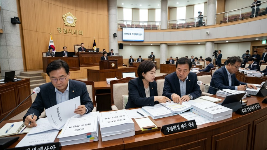 시의회 본회의장에서 민생 예산안과 추경 편성 서류를 검토하는 의원들의 진지한 모습
