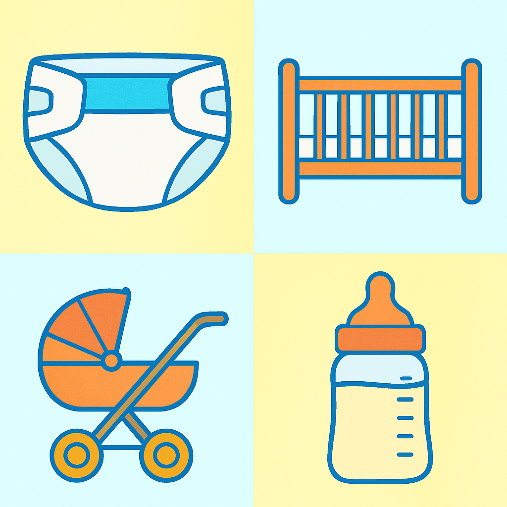 기저귀, 유모차, 침대, 젖병