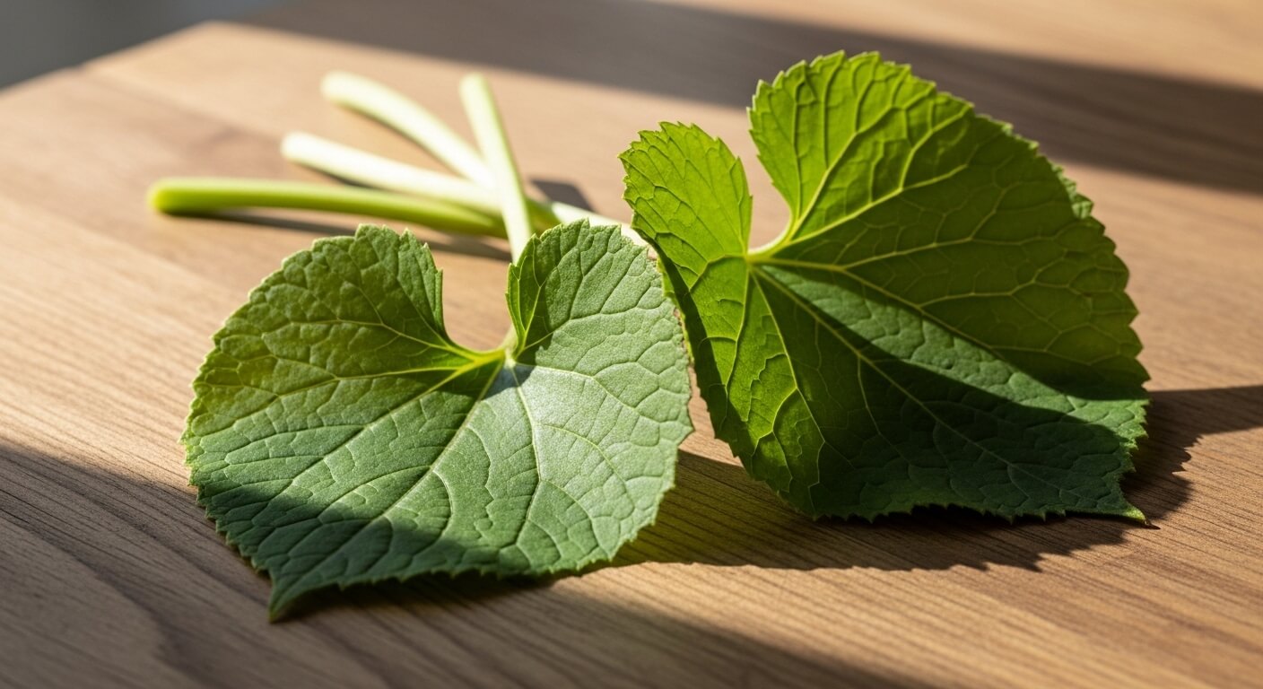 머위 잎 생잎 모습과 줄기 특징을 보여주는 이미지