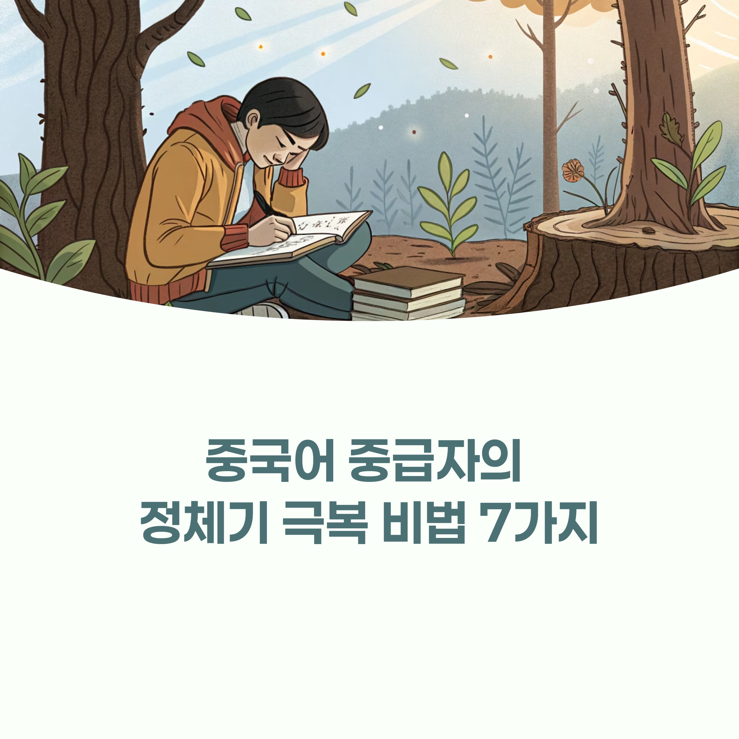 중국어 학습자가 어려운 표정으로 책을 보고 있는 이미지