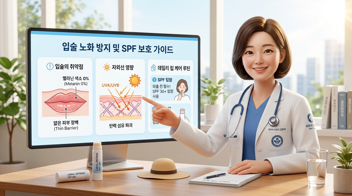 청정하고 세련된 분위기의 대학병원 피부과 진료실에서 보건 의학 전문가 선생님이 대형 인포그래픽 모니터를 가리키며 자외선 무방비 노출이 유발하는 입술 내부 탄력 섬유 광노화 및 만성 광선구순염 생리학적 메커니즘을 조목조목 설명하고, 입술 노화 방지 루틴 관리 수칙과 립밤에 'SPF(자외선 차단 지수)'가 필수인 이유에 대한 정답으로 외출 전 기능성 차단 필터 립밤 도포 및 식후 미온수 완충 행동 수칙을 환자에게 다정하게 안내해 주는 현대적이고 깔끔한 3D 렌더링 이미지.