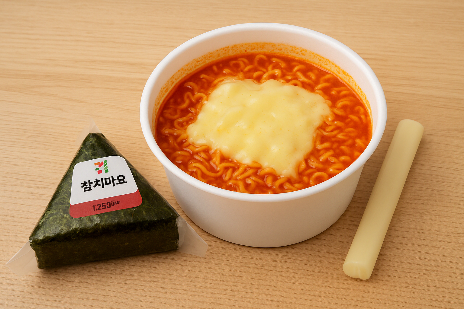 편의점 꿀조합 리뷰: 김치컵라면 + 스트링치즈 + 삼각김밥(참치마요)