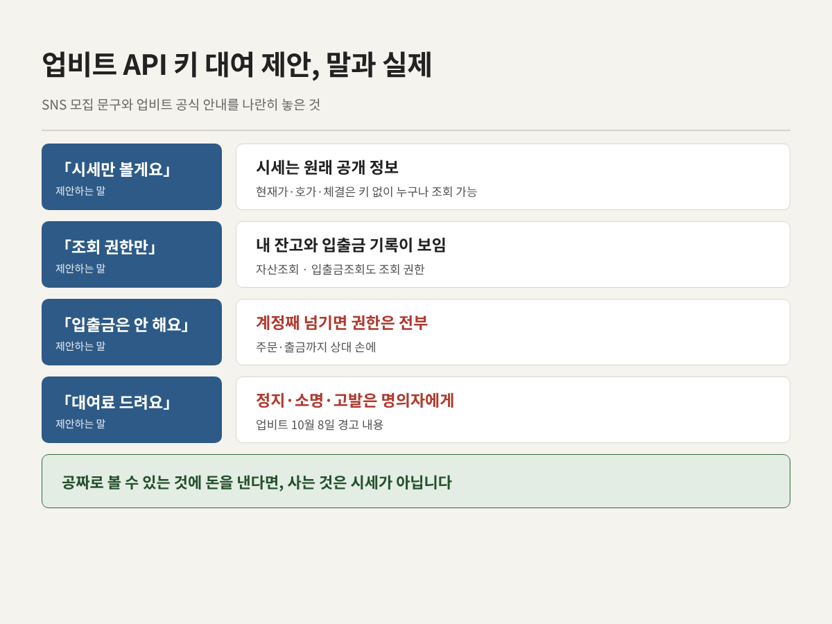 업비트 API 키 대여 제안과 실제 권한