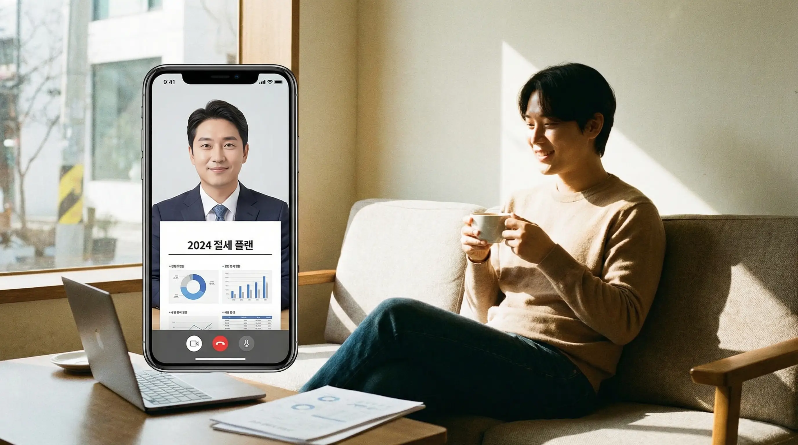 스마트폰으로 전문 세무사와 비대면으로 상담하고 절세 플랜을 확인하는 편리한 모습