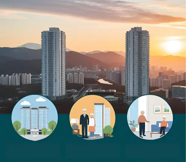 40-50대 중장년층의 부동산 재테크를 주제로 한 인포그래픽 스타일 일러스트.