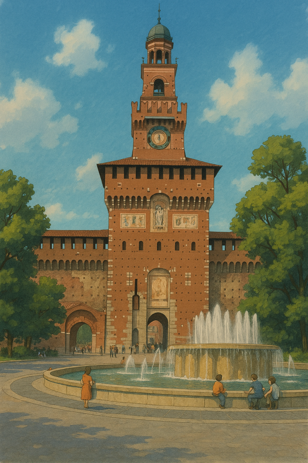 “붉은 벽돌 아치와 분수대 앞, 스포르체스코 성 풍경”