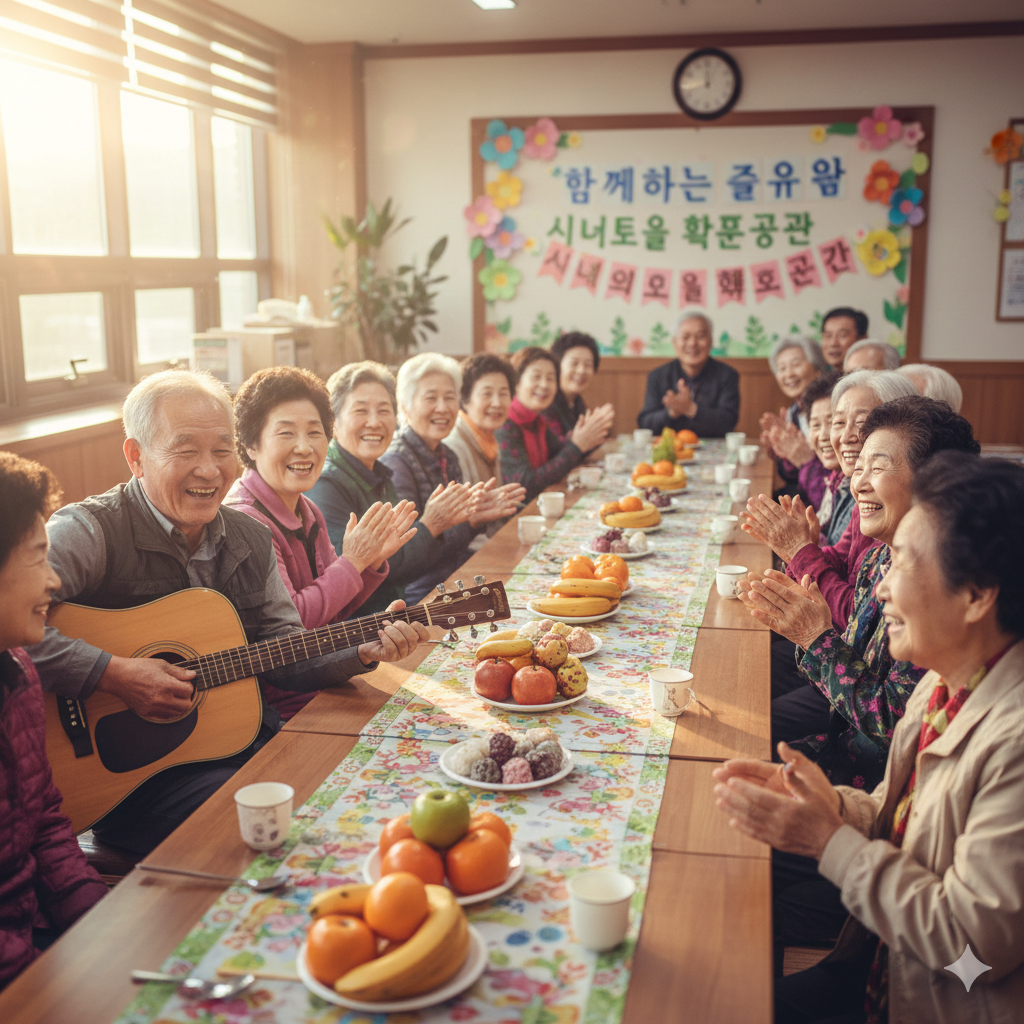 노인 일자리로 만난 많은 동료 노인들이 즐거운 시간을 보내고 있는 모습