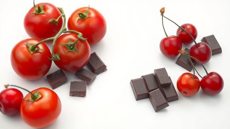 항염증 효과가 있는 다크 초콜릿, 토마토, 체리 이미지