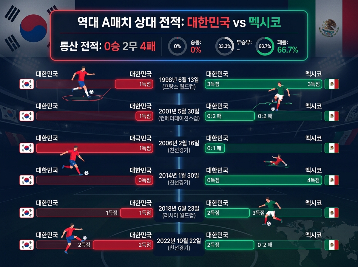 한국 멕시코 역대 전적 A매치 기록 차트 0승 2무 4패