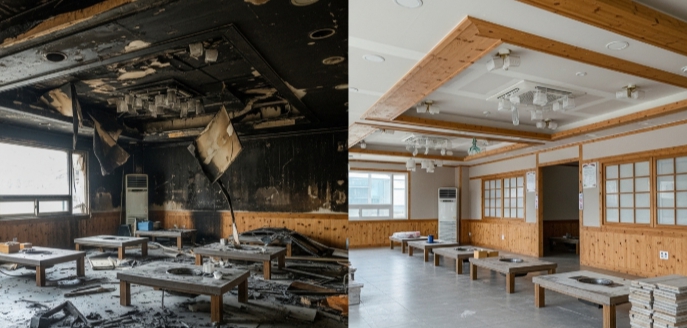 식당 화재 복구 전후 모습