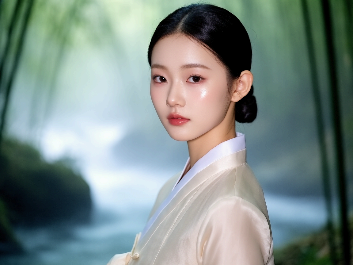 자연 배경 속 한복을 입은 여성의 단아한 분위기.