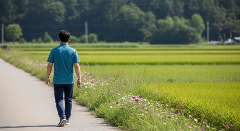 시골길을 걷는 중년 남성, 배경에 논과 들꽃, 여름 햇살