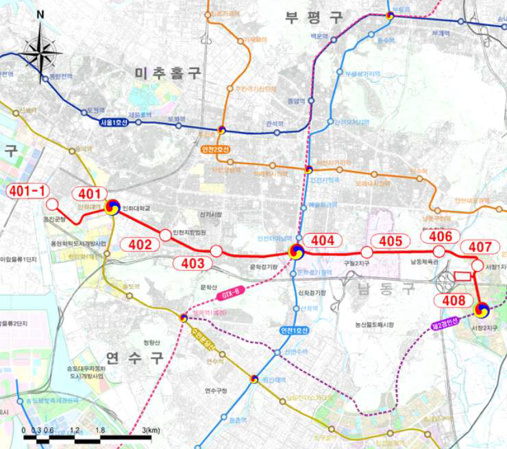 옹진군청에서 인하대역, 인천터미널을 지나 서창2지구까지 연결되는 용현서창선 경전철 노선도