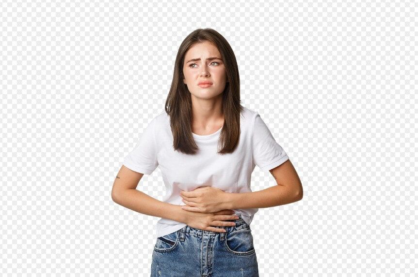 젊은 여성이 복부 통증을 느끼는 모습