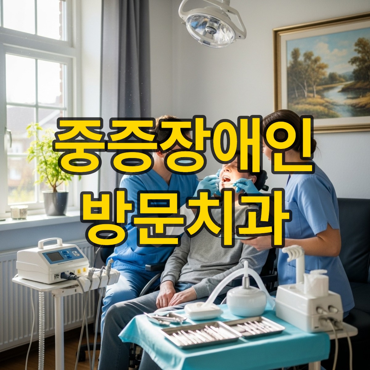 휠체어에 앉은 중증장애인에게 치과 진료를 제공하는 치과의사와 간호사. 따뜻하고 전문적인 방문 진료 현장.