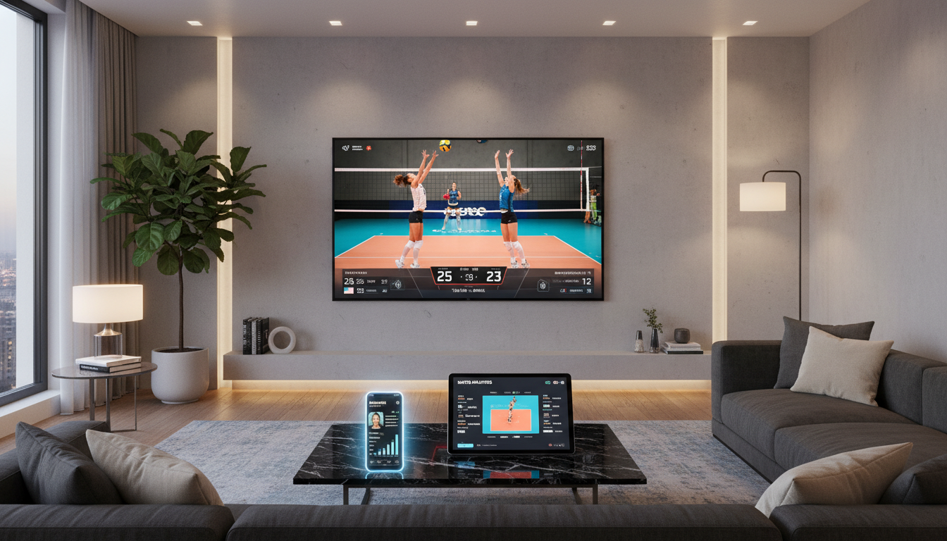 집에서 OTT 플랫폼을 통해 V리그 배구 생중계를 시청하는 스마트한 거실 환경