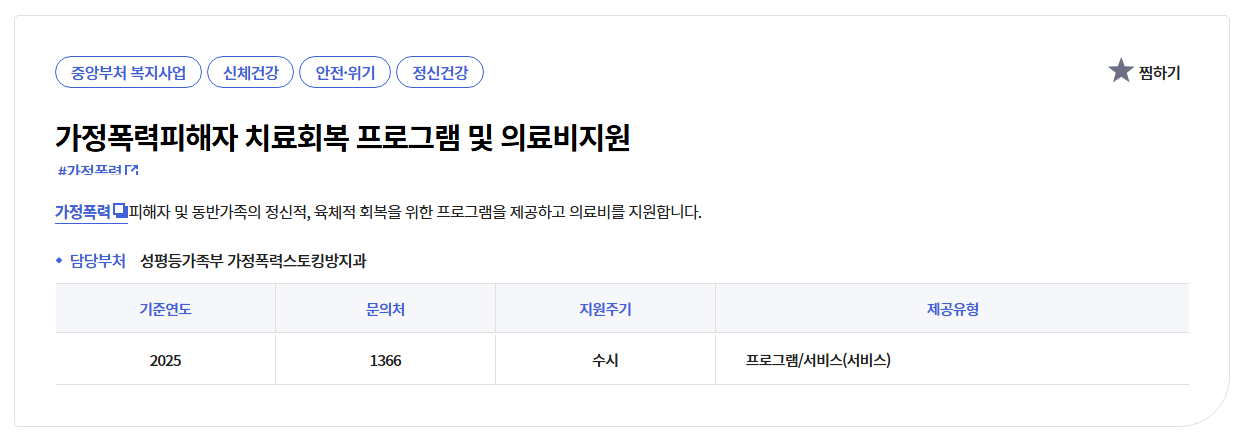 가정폭력피해자 치료회복 프로그램 의료비지원