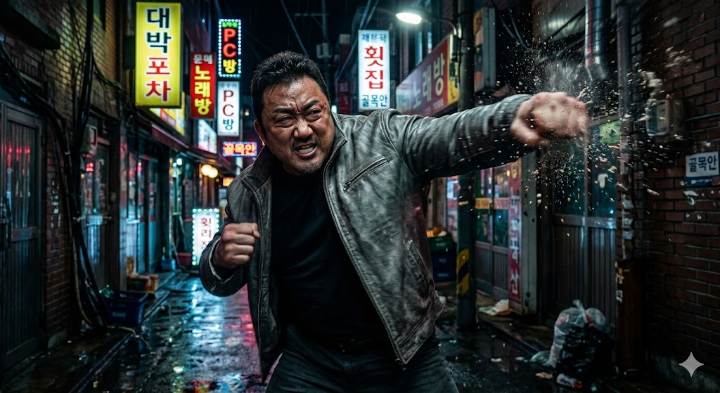 범죄자들을 압도적인 피지컬로 제압하는 괴물형사 마석도의 타격감 넘치는 액션 시퀀스