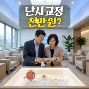난시 교정 천만 원?
50대 한국인 남녀가 고급스러운 안과 대기실에서 심각하지만 집중한 표정으로 난시 교정용 특수 렌즈 샘플 모형과 진료 견적서를 함께 들여다보고 있는 장면