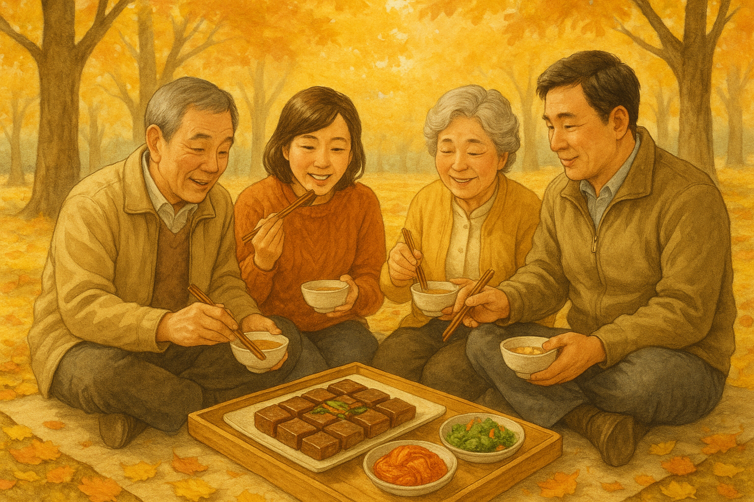 가족들과 도토리묵 먹으며 가을 소풍 나온 장면, 따뜻한 분위기의 그림
