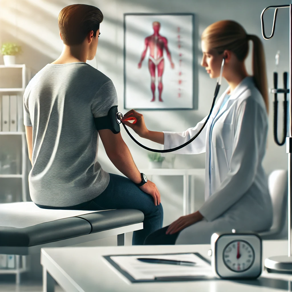 건강검진 중 의사가 청진기로 환자의 심박수를 확인하는 장면. 환자는 깔끔하고 밝은 진료실의 진찰대에 앉아 있으며, 배경에는 의료 기기와 차트가 보입니다. 전문적이고 신뢰감 있는 환경이 연출됩니다.
