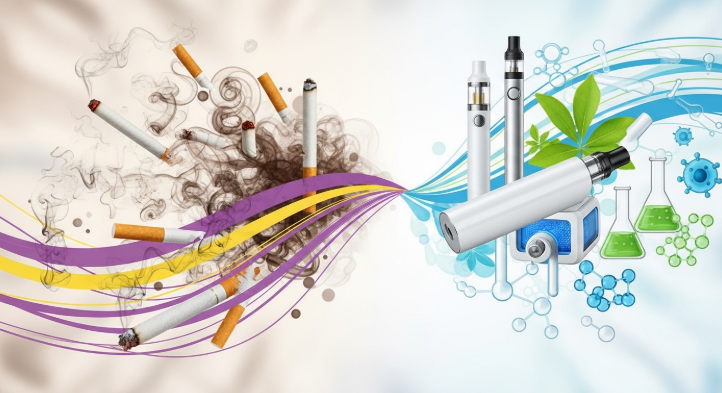 변화하는 담배 산업의 모습을 추상적으로 표현한 이미지. 전통 담배에서 새로운 대안 제품으로의 전환을 보여준다.