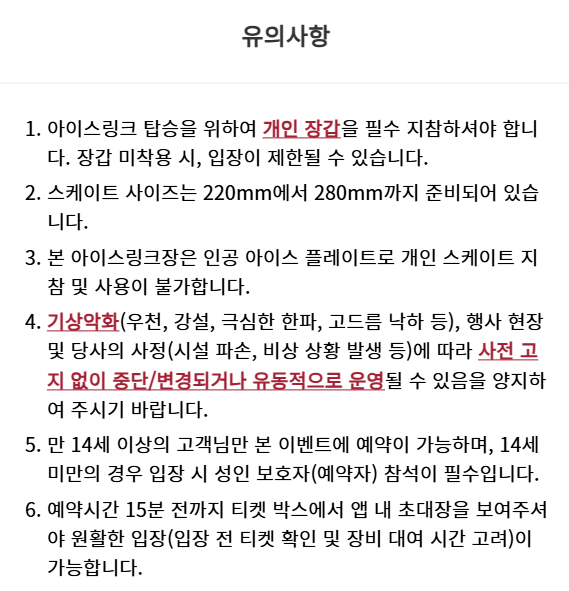 샤넬 아이스링크 유의사항