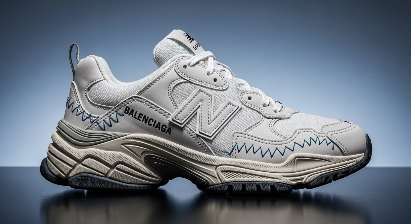 뉴발란스와 발렌시아가 콜라보 스니커즈의 정면 클로즈업. 섬세한 박음질과 로고 디테일이 선명하며, 고급스러운 소재감이 강조된 모습.