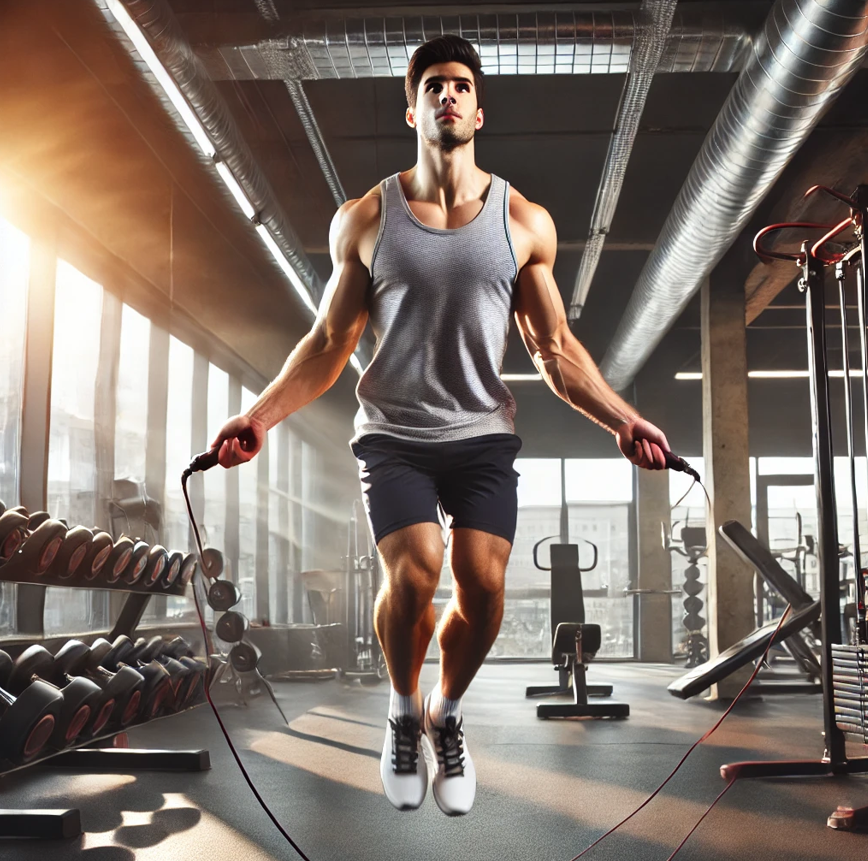 실내에서 성인 남자가 점프 밧줄하는 모습