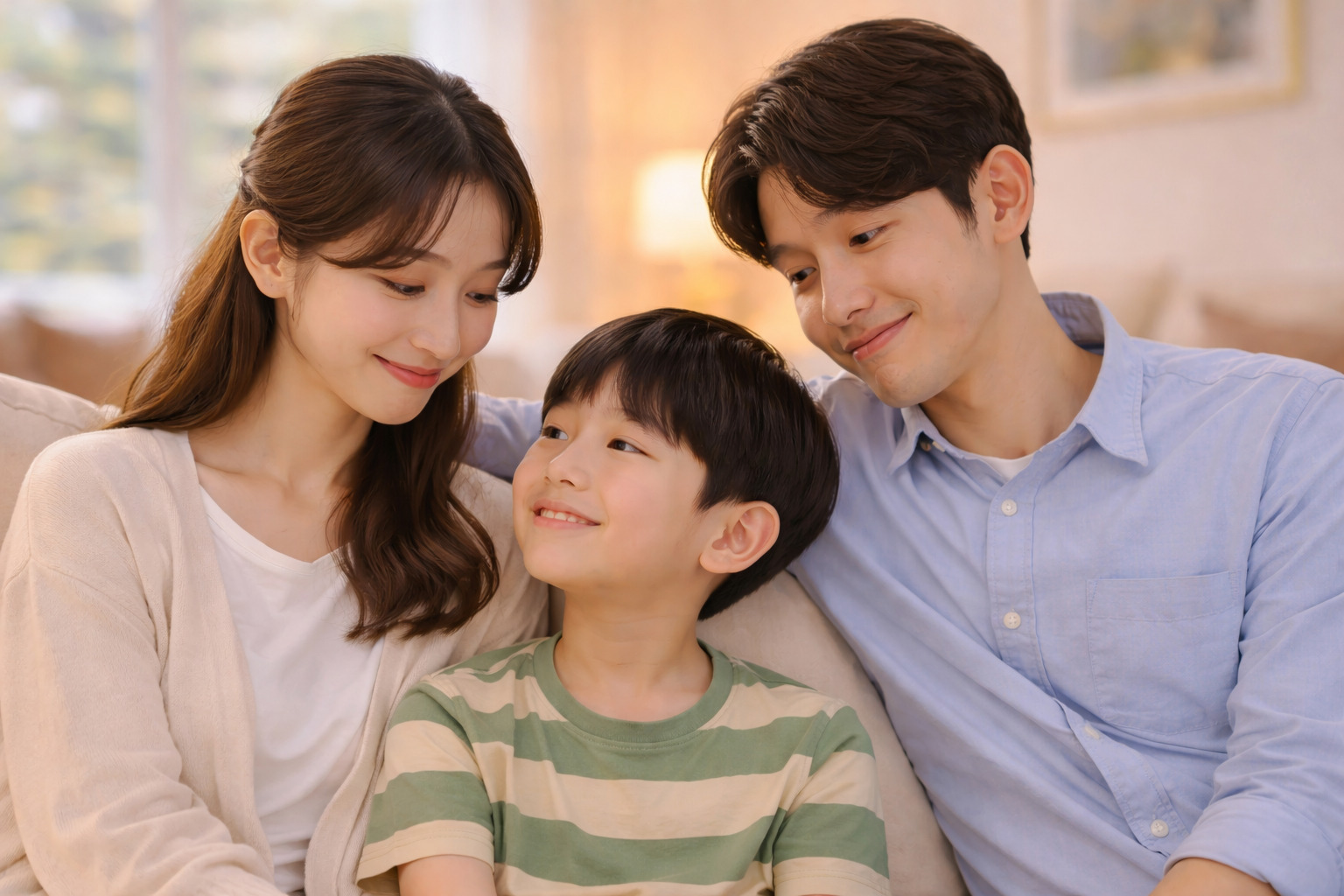 편안한 표정으로 아이를 바라보며 함께 앉아 있는 부모의 따뜻한 시선이 담긴 모습