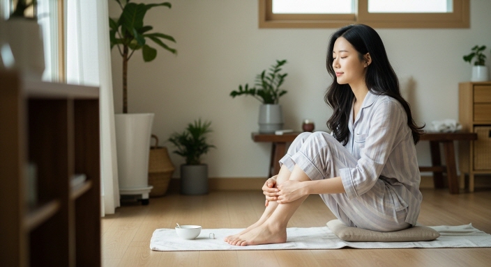 약물이 마를 때까지 양말을 신지 않고 기다리는 모습