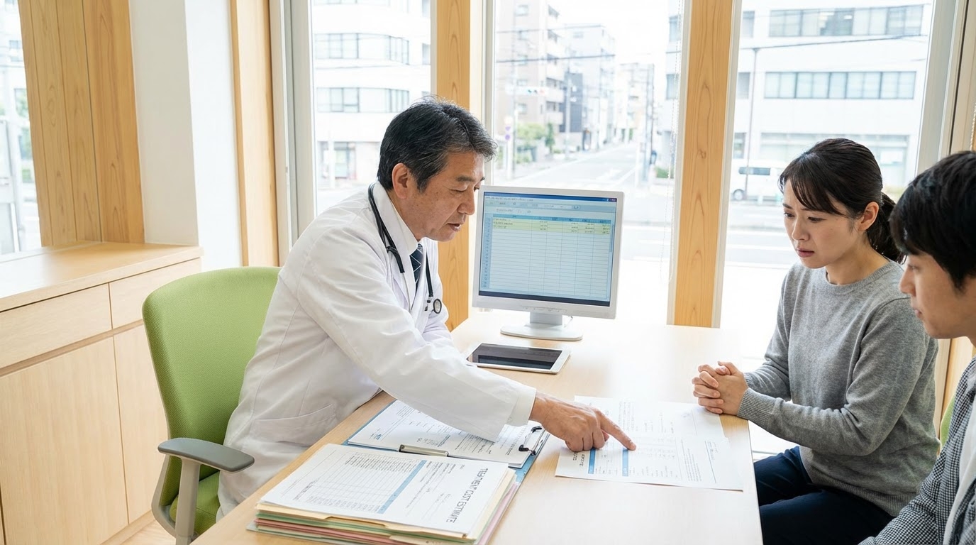 日本の病院診察室、医師が患者に医療費説明、高額な治療費書類、心配する表情
