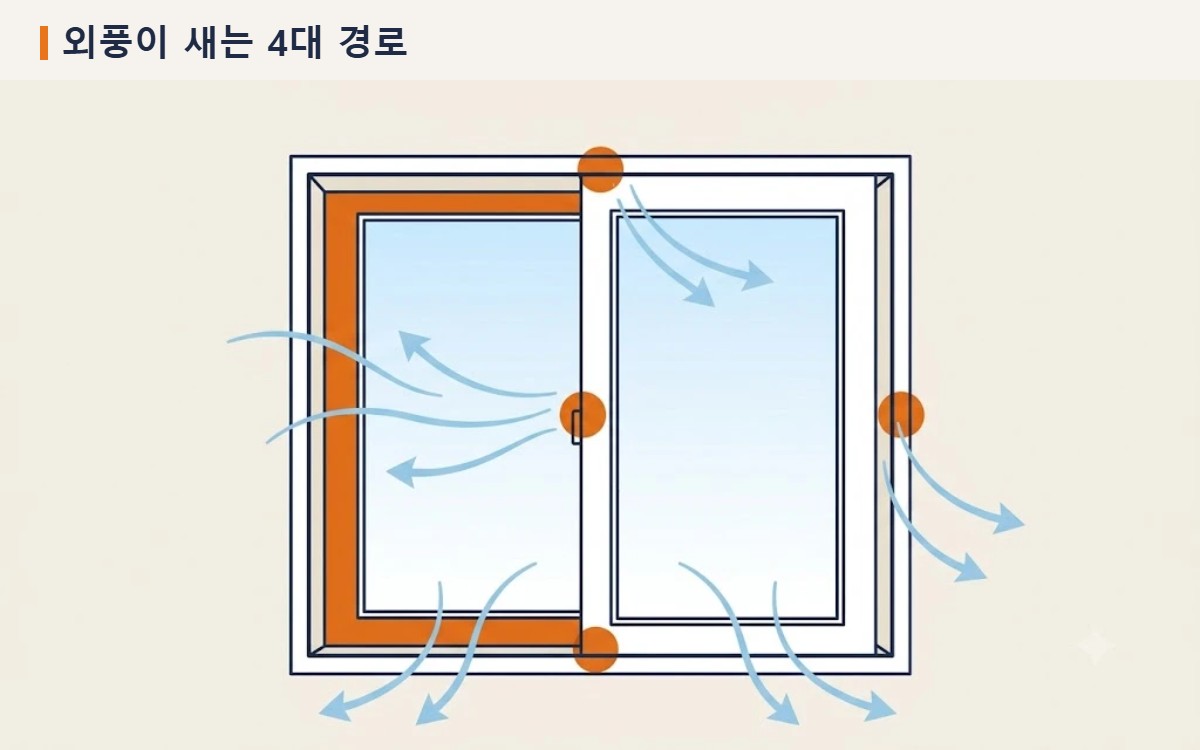 미서기 창문에서 외풍이 새는 네 곳: 창짝이 만나는 가운데, 위 레일, 아래 레일, 창틀 테두리