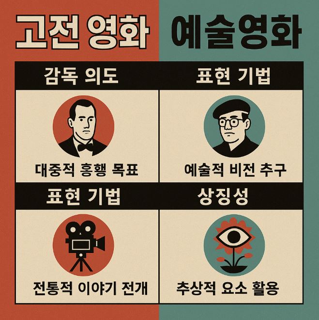 고전 영화와 예술영화의 차이 (감독 의도, 표현 기법, 상징성)