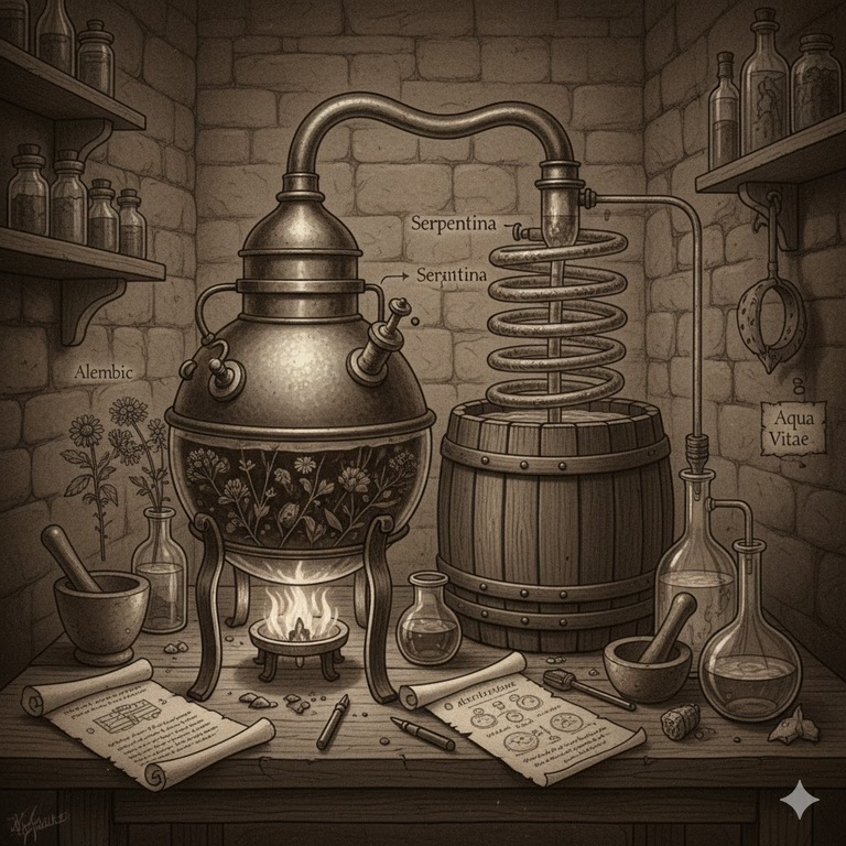 고대 증류 기술의 모습을 담은 이미지