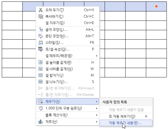 한글 표 자동 채우기