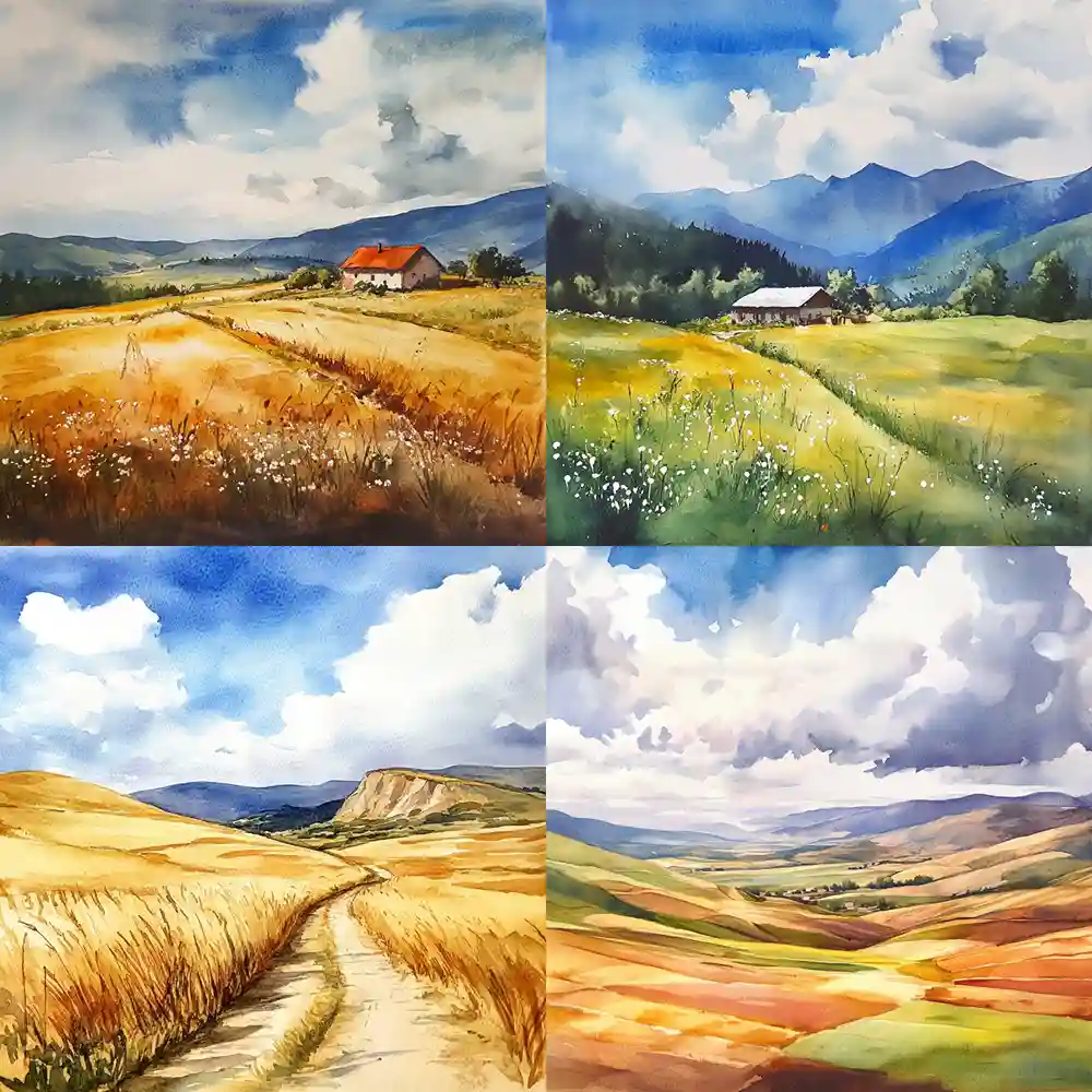 Landscape watercolor painting --no trees, water